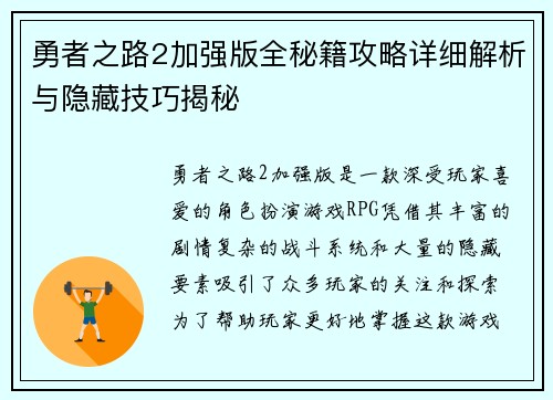 勇者之路2加强版全秘籍攻略详细解析与隐藏技巧揭秘